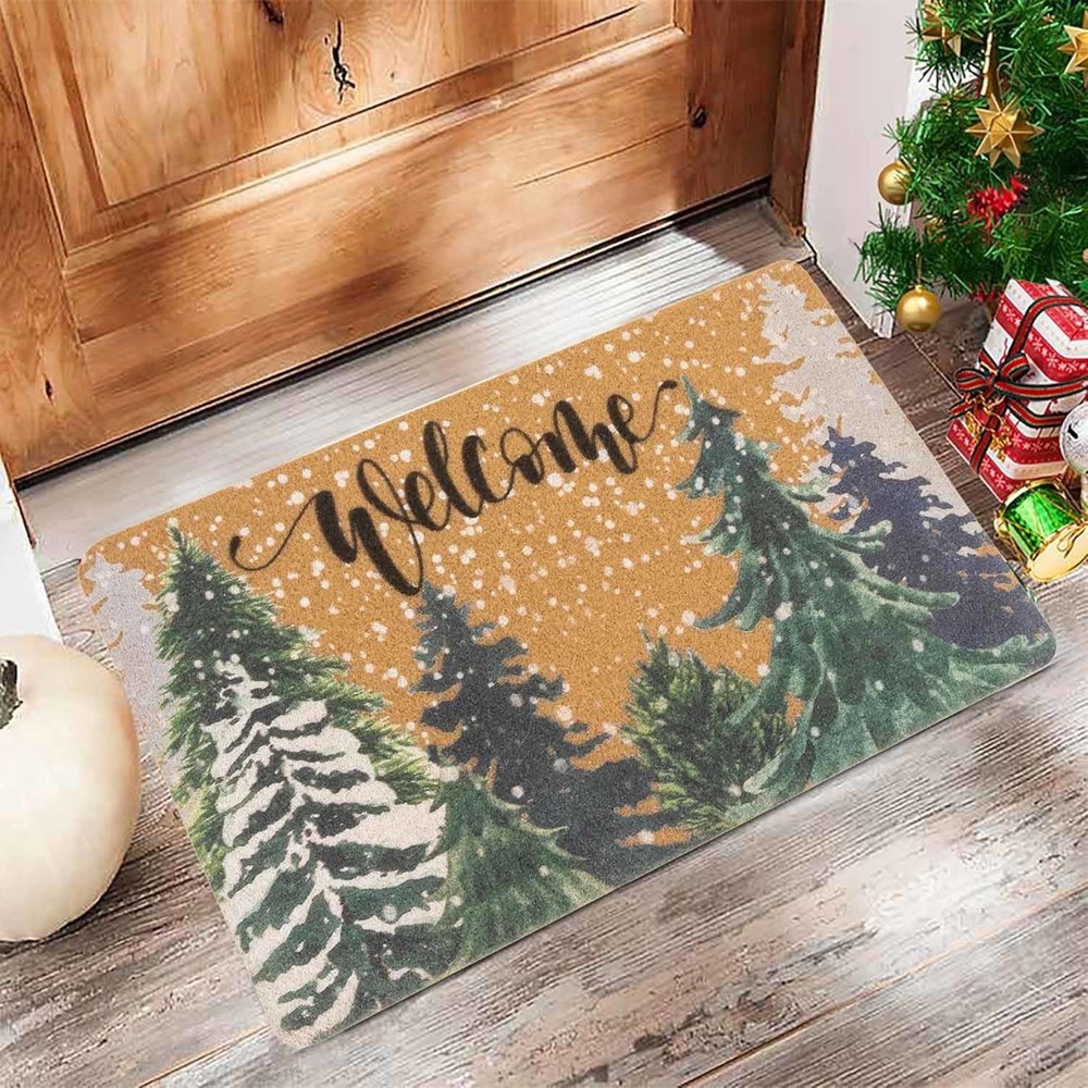Winter Xmas Welcome-Doormat Non-Slip Front-Door-Mats - Plaid Pine-Tree Snow